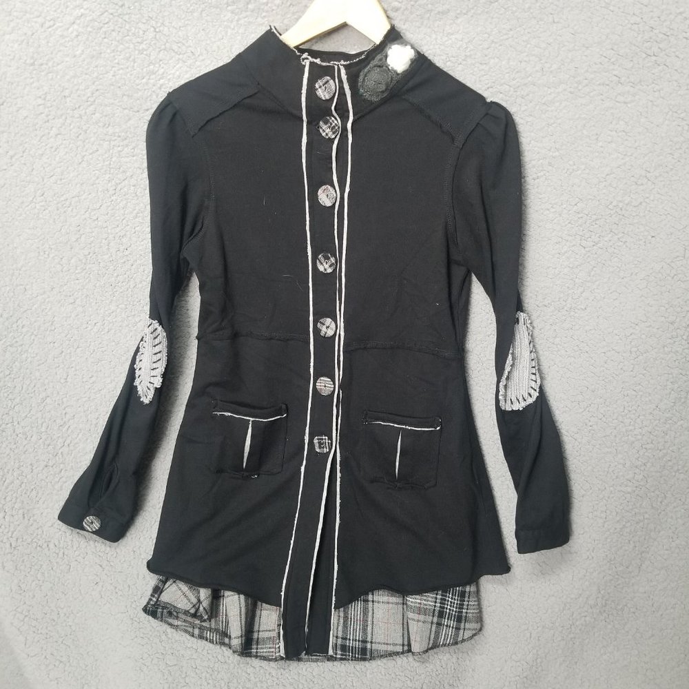 BKE Women's Black Plaid 100% Cotton Layered Renaissance Style Tunic Jacket SZ. S